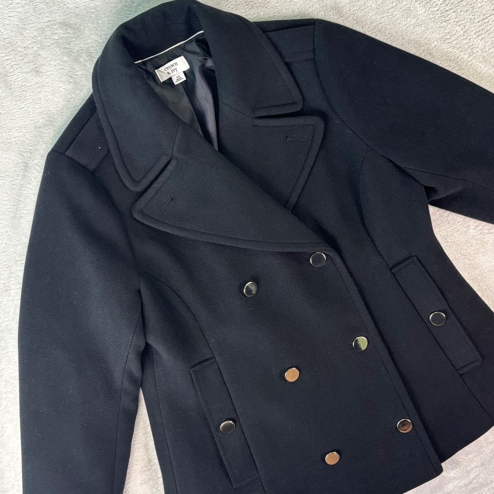 Crown & Ivy‎ Women's Black Peacoat Jacket Size XS Double Breasted Gold Buttons